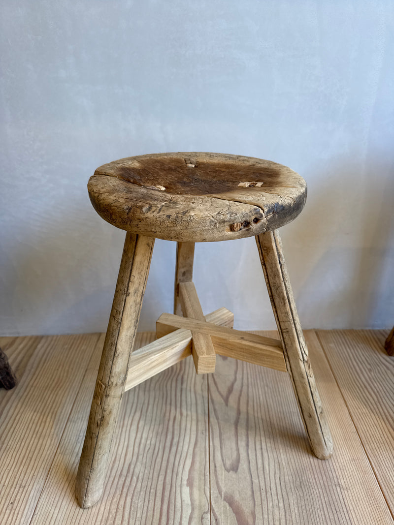 Vintage Round Elm Wood Stool