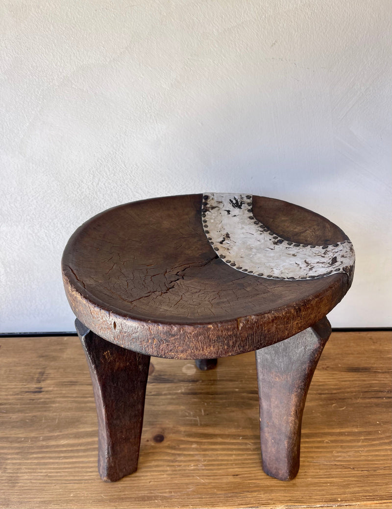 Vintage Wood Round Stool with Metal