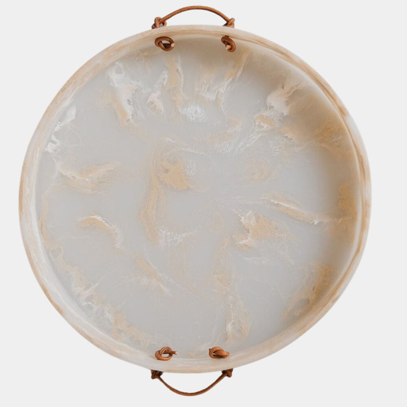 Resin Round Serving Tray with Leather Handles