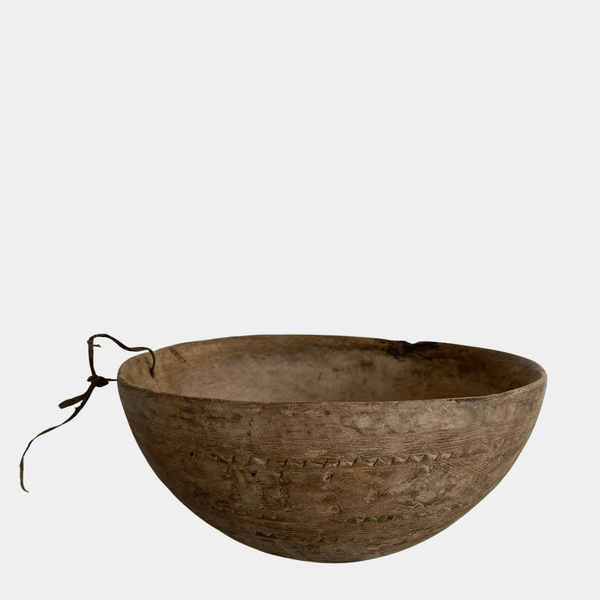 Vintage Carved Wood Bowl with Leather