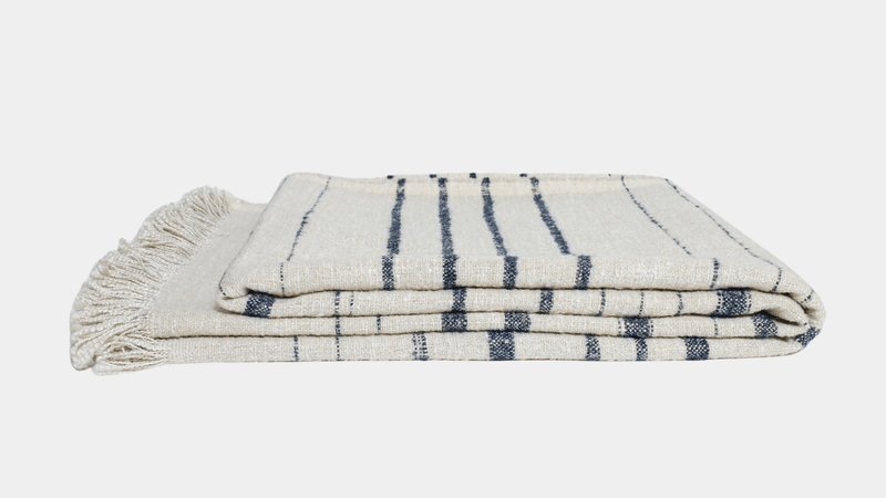 Navy Stripe Linen Throw Blanket
