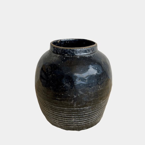 Vintage Ribbed Black Clay Pot